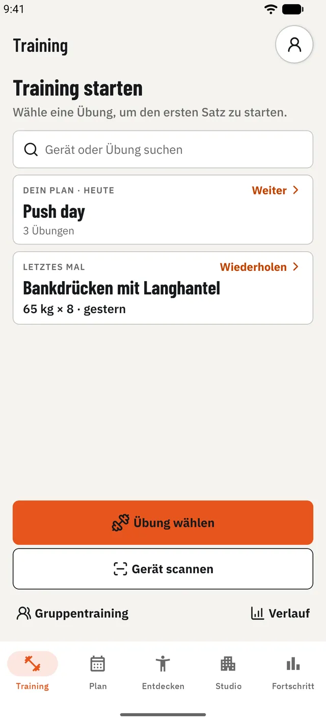 Trainings erfassen: Sätze, Wiederholungen, Gewicht und ein Pausentimer, mit deiner letzten Einheit griffbereit.