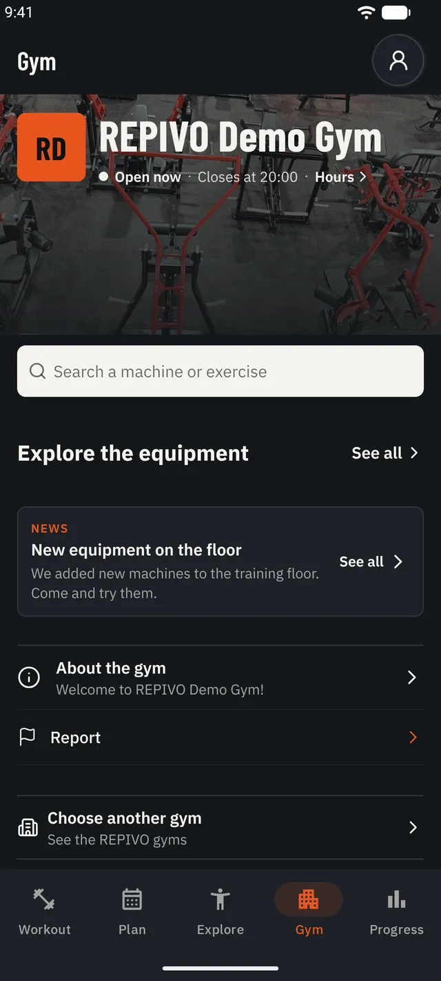 The REPIVO app: the Gym tab, with a gym's hours and news.