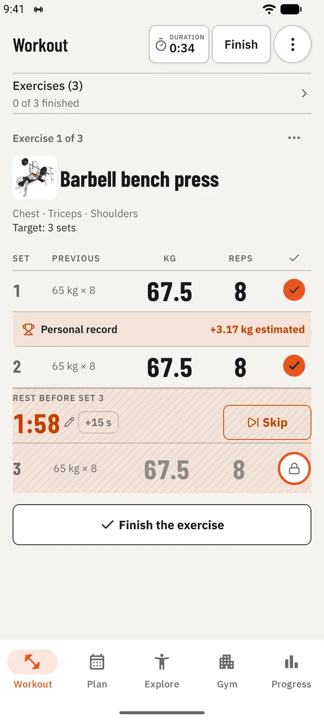 The REPIVO app: a workout in progress, with the previous set and the rest timer.