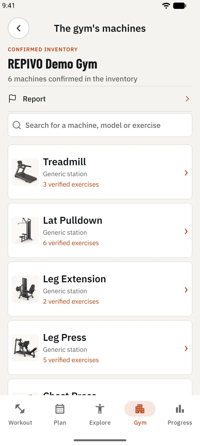 The REPIVO app: a gym's machine list, with photos.
