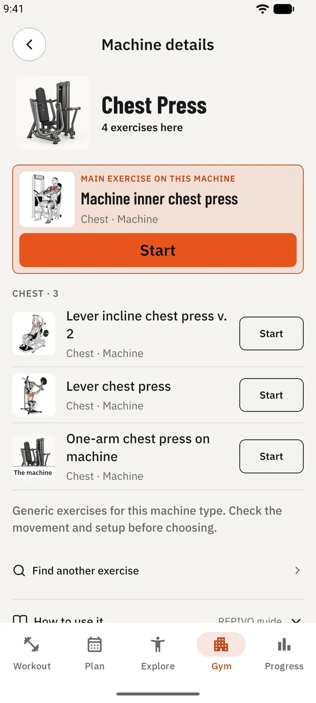The REPIVO app: a machine screen with its exercises.