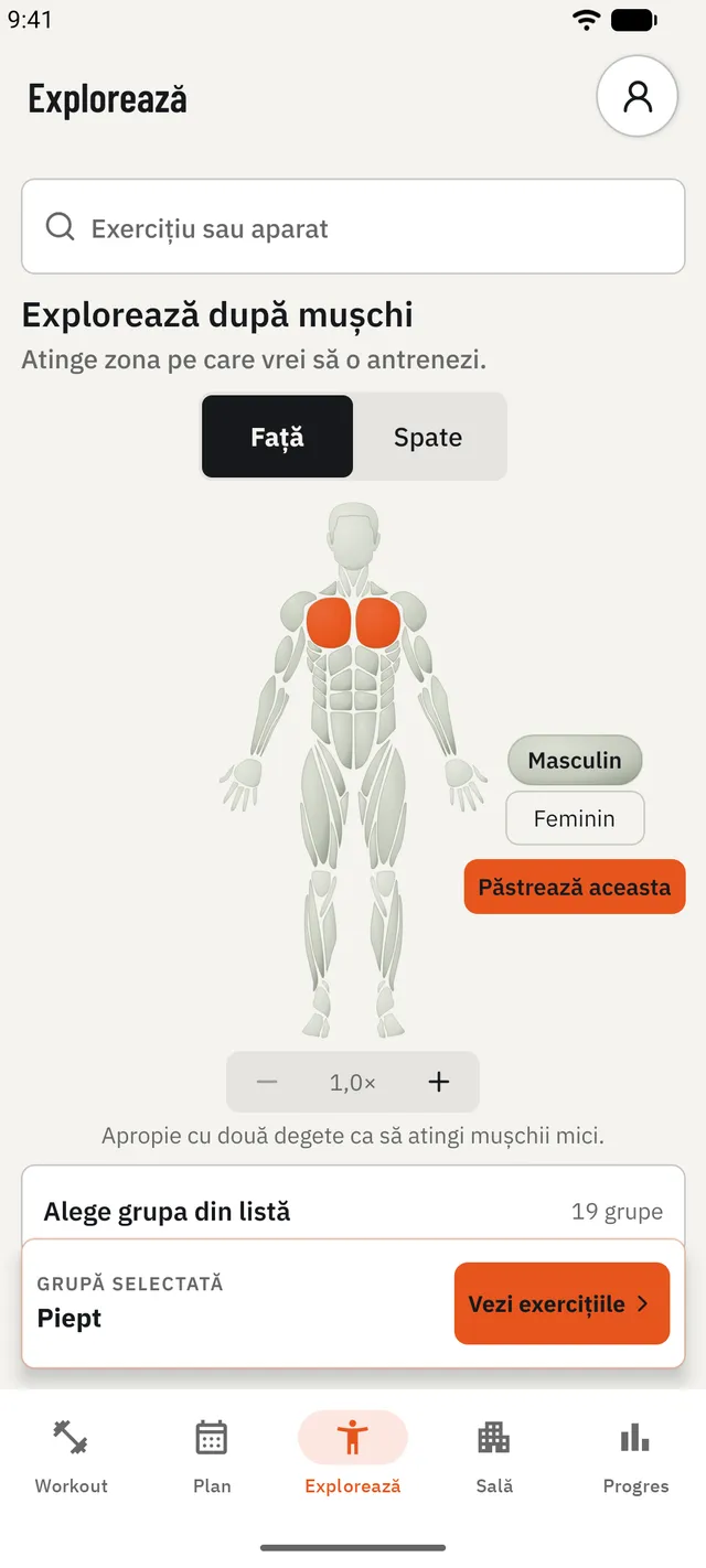 Explorezi exercițiile după grupa musculară.