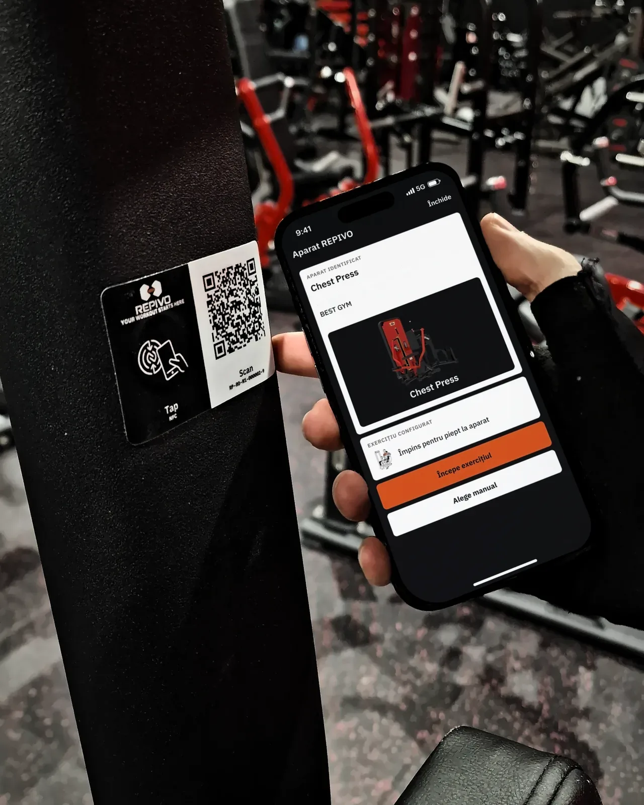 A member scans a REPIVO Tag mounted at real size on a gym machine.