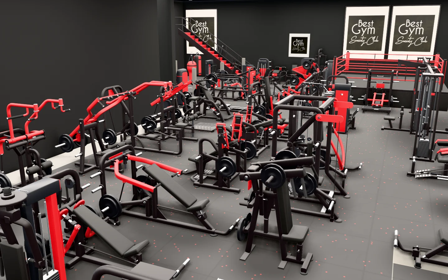 BEST GYM, the ground floor, in 3D, close up: strength machines, plate-loaded and weight-stack.