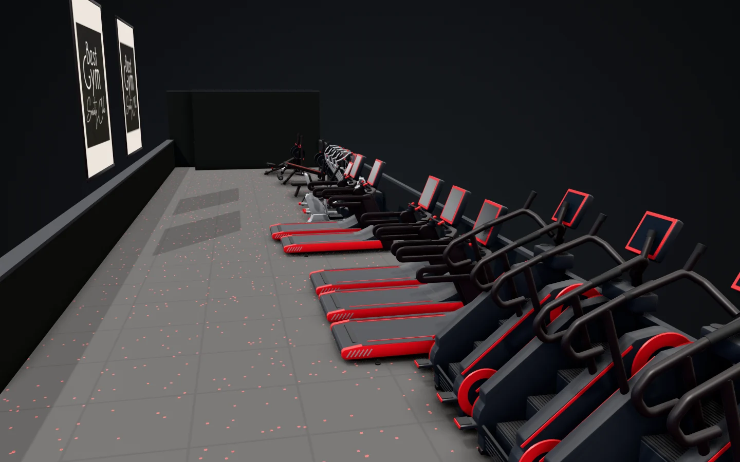 BEST GYM, the upper floor, in 3D, close up: a row of treadmills and stair climbers.