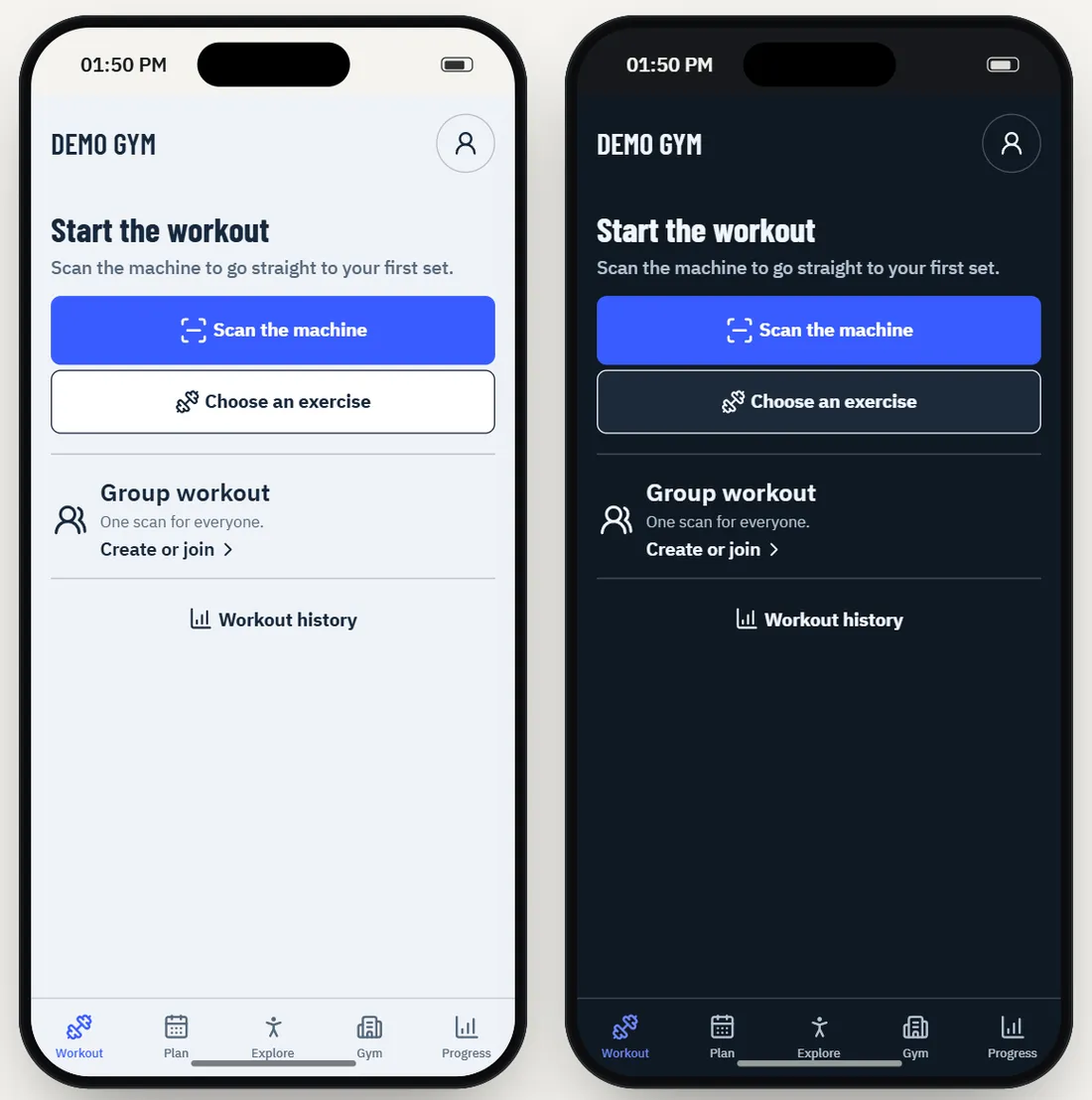 The REPIVO portal, the look in the app: two phones, light and dark.