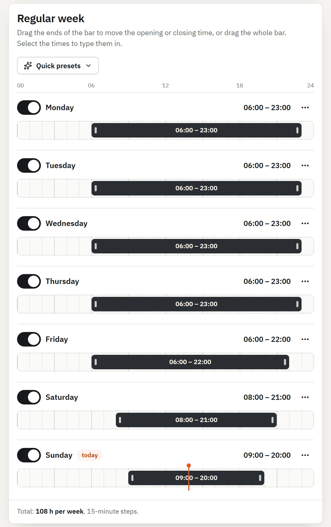 The REPIVO portal, the Hours page: the regular week.